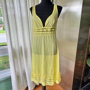 Vintage 70s slip-on nightgown, yellow, deep V lace trim neckline, empire waist